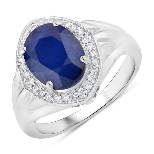 Anillo de oro blanco de 14K con zafiro azul genuino de 3.31 quilates y diamantes blancos