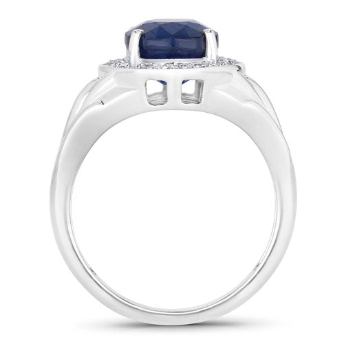 Anillo de oro blanco de 14K con zafiro azul genuino de 3.31 quilates y diamantes blancos