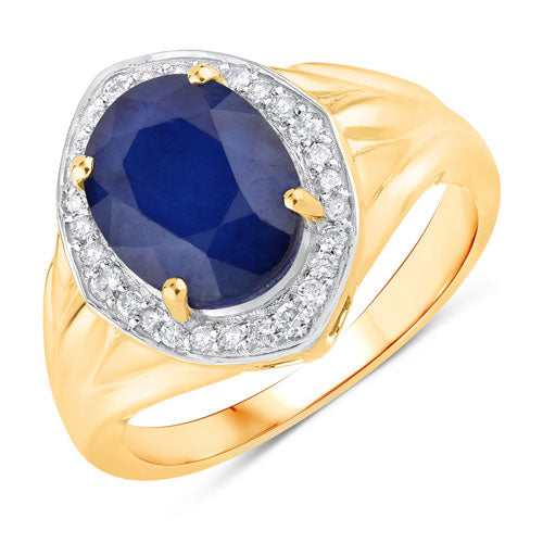 Anillo de Oro Amarillo de 14K con Zafiro Azul Genuino de 3.31 Quilates y Diamantes Blancos