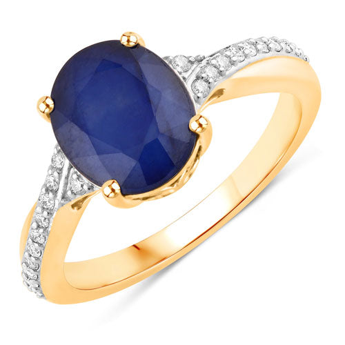 Anillo de 14 quilates de oro amarillo con zafiro azul auténtico de 3,28 quilates y diamantes blancos