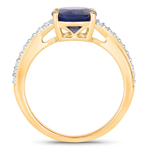Anillo de 14 quilates de oro amarillo con zafiro azul auténtico de 3,28 quilates y diamantes blancos