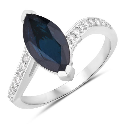 Anillo de zafiro azul genuino de 2.26 quilates y diamantes blancos en oro blanco de 14K