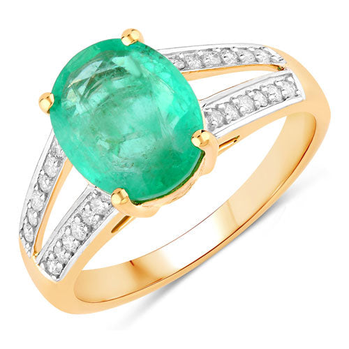 Anillo de oro amarillo de 14 quilates con esmeralda zambiana auténtica de 2,29 quilates y diamantes blancos