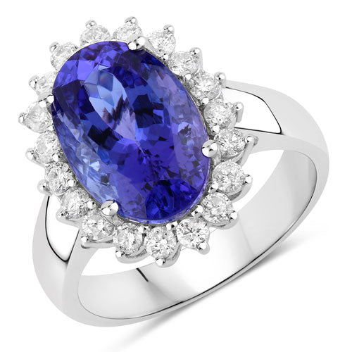 Anillo de oro blanco de 14 quilates con tanzanita auténtica de 5,92 quilates y diamantes blancos