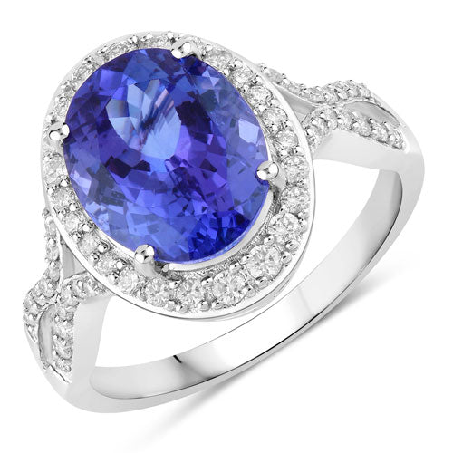 Anillo de tanzanita auténtica de 4,12 quilates y diamantes blancos en oro blanco de 14K