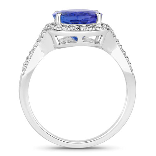 Anillo de tanzanita auténtica de 4,12 quilates y diamantes blancos en oro blanco de 14K