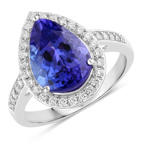 Anillo de tanzanita auténtica de 4,46 quilates y diamantes blancos en oro blanco de 14K