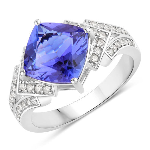 Anillo de oro blanco de 14K con tanzanita genuina de 3,43 quilates y diamantes blancos