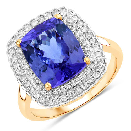 Anillo de 14 quilates de oro amarillo con tanzanita genuina de 4,84 quilates y diamantes blancos