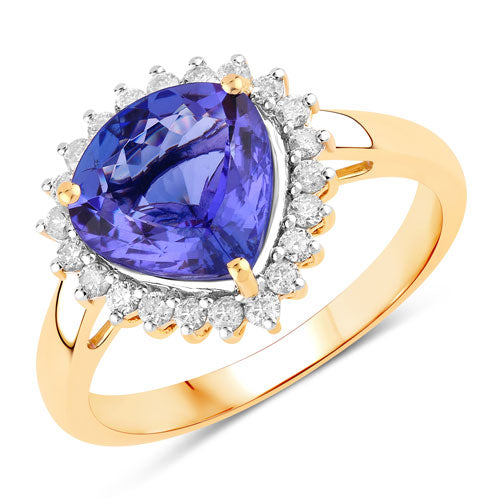 Anillo de oro amarillo de 14K con tanzanita genuina de 2,68 quilates y diamante blanco