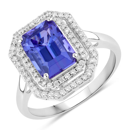 Anillo de oro blanco de 14K con tanzanita genuina de 3,32 quilates y diamantes blancos