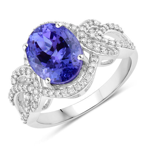 Anillo de oro blanco de 14K con tanzanita genuina de 4,08 quilates y diamantes blancos