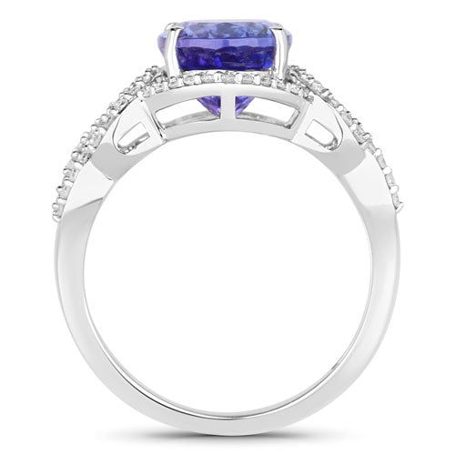 Anillo de oro blanco de 14K con tanzanita genuina de 4,08 quilates y diamantes blancos
