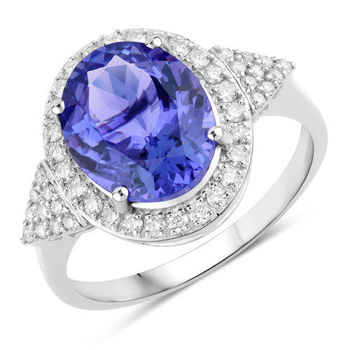 Anillo de tanzanita genuina de 3,97 quilates y diamantes blancos en oro blanco de 14K