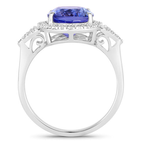 Anillo de tanzanita genuina de 3,97 quilates y diamantes blancos en oro blanco de 14K