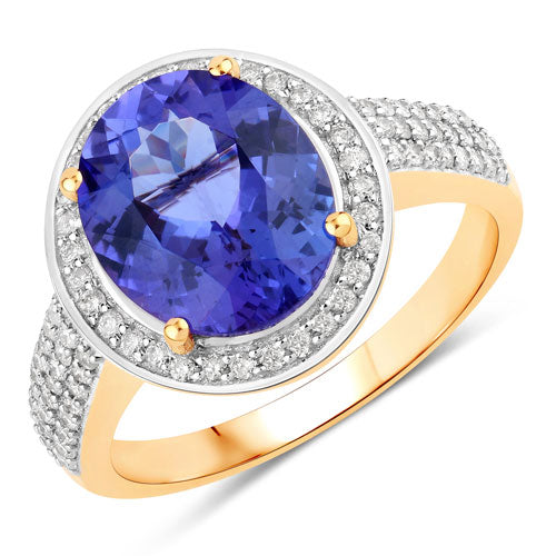Anillo de oro amarillo de 14K con tanzanita genuina de 4,02 quilates y diamantes blancos