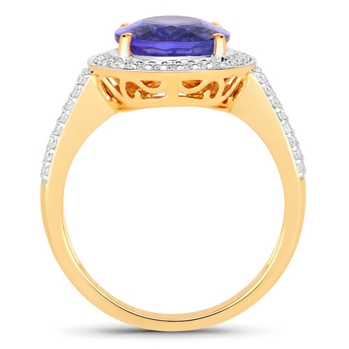 Anillo de oro amarillo de 14K con tanzanita genuina de 4,02 quilates y diamantes blancos