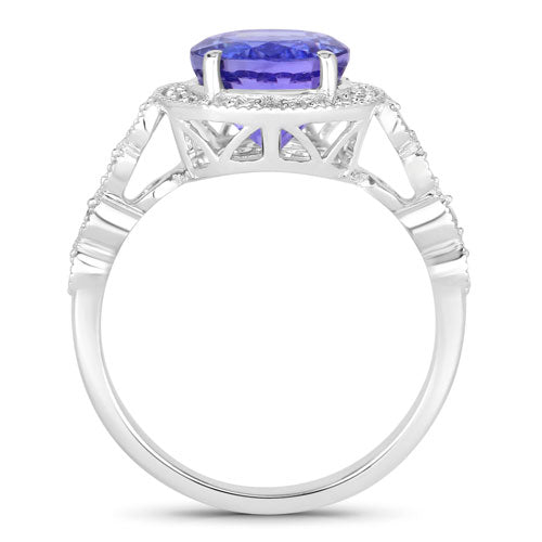 Anillo de oro blanco de 14K con tanzanita genuina de 3.21 quilates y diamantes blancos