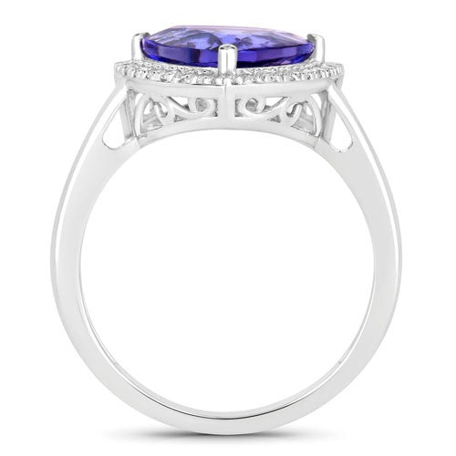 Anillo de Oro Blanco de 14K con Tanzanita Genuina de 3.23 Quilates y Diamantes Blancos
