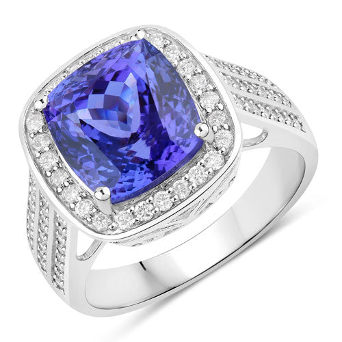 Anillo de oro blanco de 14K con tanzanita genuina de 5.59 quilates y diamantes blancos
