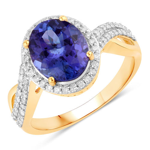 Anillo de oro amarillo de 14K con tanzanita genuina de 2.79 quilates y diamantes blancos