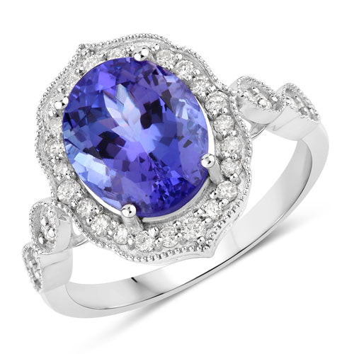 Anillo de oro blanco de 14K con tanzanita genuina de 3,85 quilates y diamantes blancos