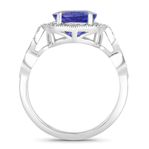 Anillo de oro blanco de 14K con tanzanita genuina de 3,85 quilates y diamantes blancos