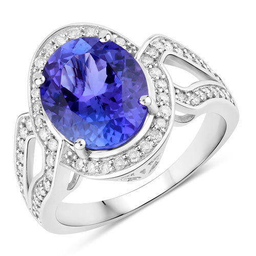 Anillo de oro blanco de 14K con tanzanita genuina de 4,19 quilates y diamantes blancos