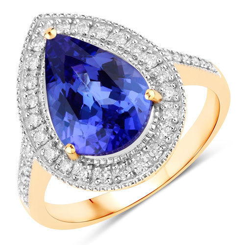 Anillo de oro amarillo de 14 quilates con tanzanita genuina de 3,37 quilates y diamantes blancos