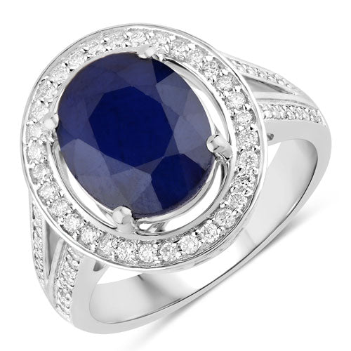 Anillo de oro blanco de 14K con zafiro azul auténtico de 4.74 quilates y diamantes blancos