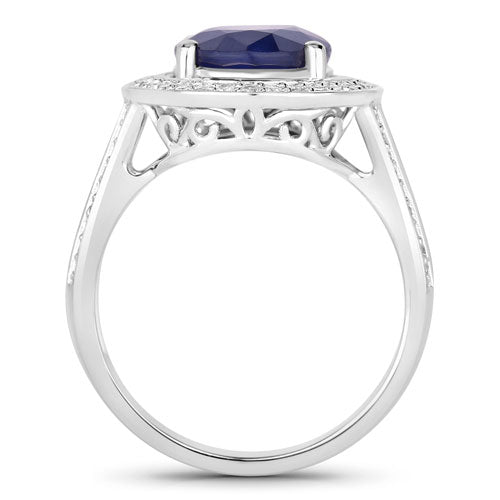 Anillo de oro blanco de 14K con zafiro azul auténtico de 4.74 quilates y diamantes blancos