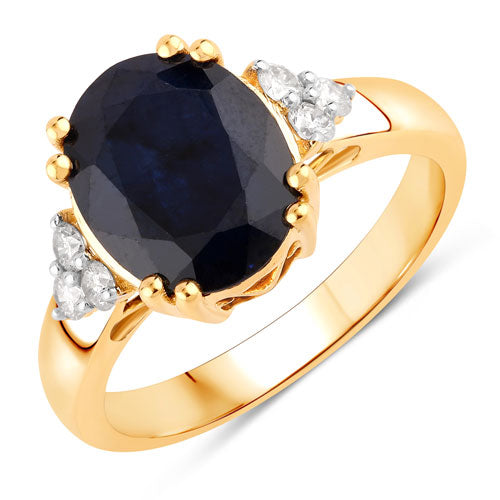Anillo de oro amarillo de 14 quilates con zafiro azul auténtico de 4,50 quilates y diamantes blancos