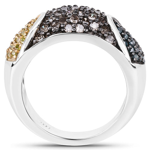 Anillo de plata esterlina .925 con diamante azul genuino de 0,95 quilates, diamante champán y diamante amarillo