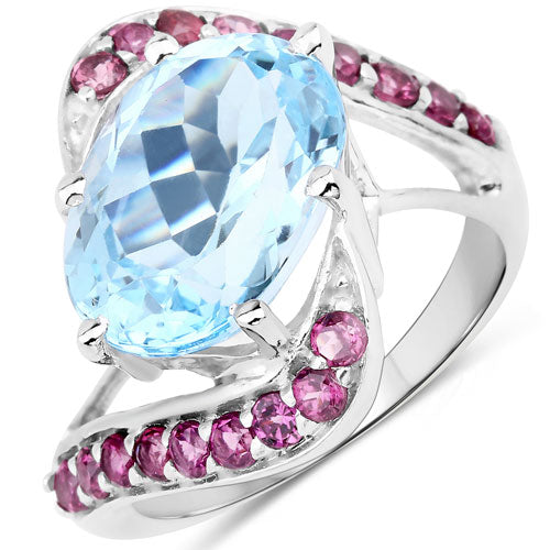 Anillo de Plata de Ley .925 con Topacio Azul y Rodolita Genuinos de 8,40 Quilates