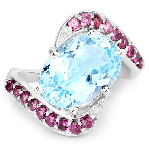 Anillo de Plata de Ley .925 con Topacio Azul y Rodolita Genuinos de 8,40 Quilates