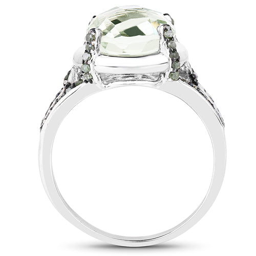 Anillo de plata de ley .925 con amatista verde genuina de 4,06 quilates, diamante verde y diamante blanco