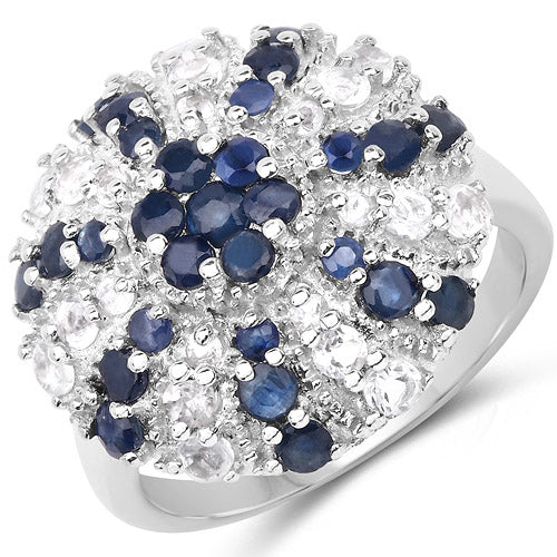 Anillo de plata de ley .925 con zafiro azul genuino de 1,78 quilates y topacio blanco
