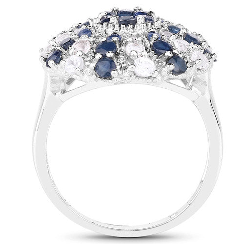 Anillo de plata de ley .925 con zafiro azul genuino de 1,78 quilates y topacio blanco