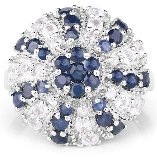 Anillo de plata de ley .925 con zafiro azul genuino de 1,78 quilates y topacio blanco