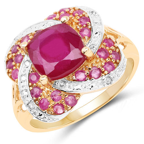 Anillo de plata de ley .925 chapado en oro rosa de 14 quilates con rubí relleno de cristal de 3,88 quilates, rubí y topacio blanco