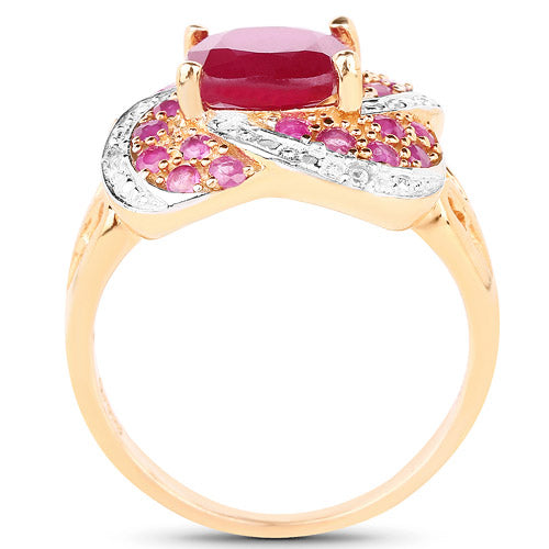 Anillo de plata de ley .925 chapado en oro rosa de 14 quilates con rubí relleno de cristal de 3,88 quilates, rubí y topacio blanco