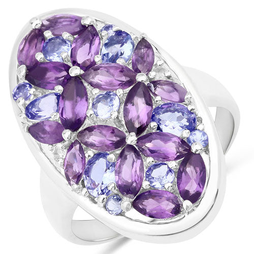 Anillo de plata de ley .925 con amatista, tanzanita y topacio blanco genuinos de 3,13 quilates
