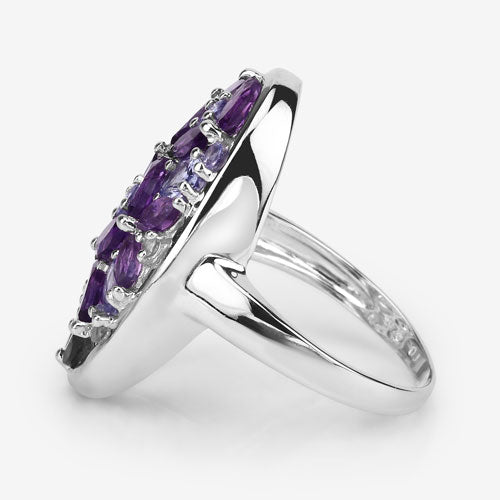 Anillo de plata de ley .925 con amatista, tanzanita y topacio blanco genuinos de 3,13 quilates