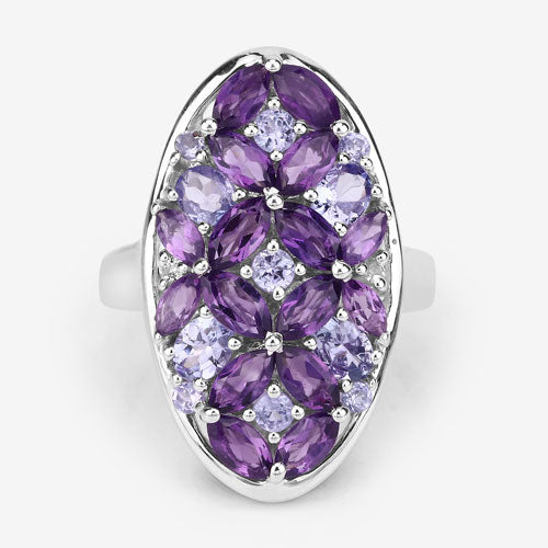 Anillo de plata de ley .925 con amatista, tanzanita y topacio blanco genuinos de 3,13 quilates