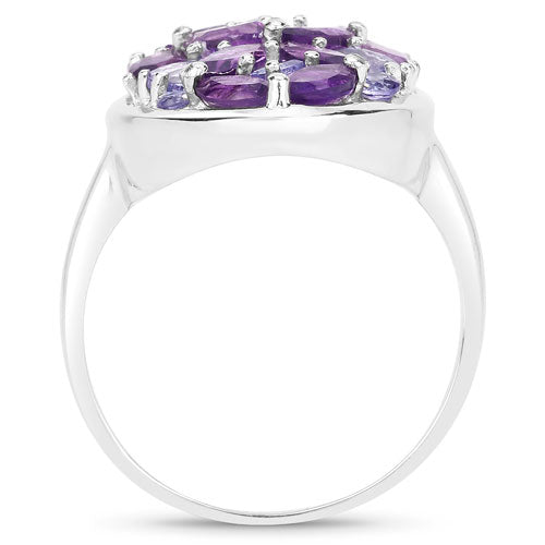 Anillo de plata de ley .925 con amatista, tanzanita y topacio blanco genuinos de 3,13 quilates