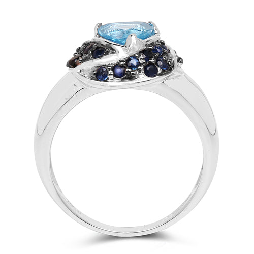 Anillo de Plata de Ley .925 con Topacio Azul Suizo y Zafiro Azul Genuinos de 1.61 Quilates