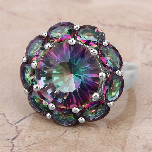 Anillo de Plata Fina de .925 con Cuarzo Arcoíris Genuino de 11.45 Quilates