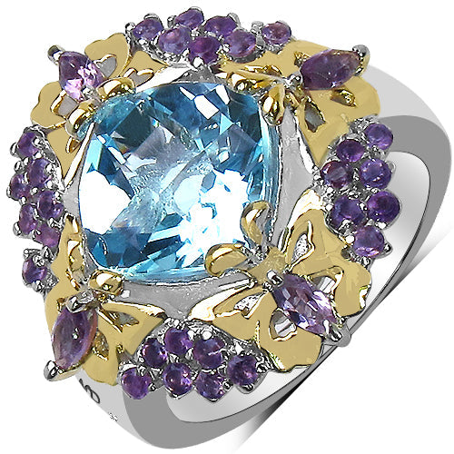 Anillo de plata de ley .925 con topacio azul auténtico de 5,66 quilates, amatista y diamantes blancos