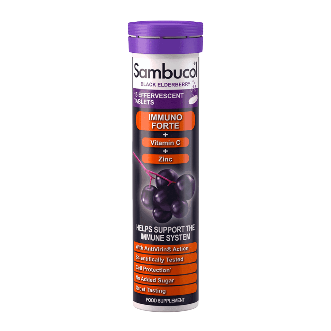 Sambucol, Immuno Forte+, Black Eldeberry, Vitamin C & Zinc, Support The Immune System, Effervescent Tablets, 15 pcs