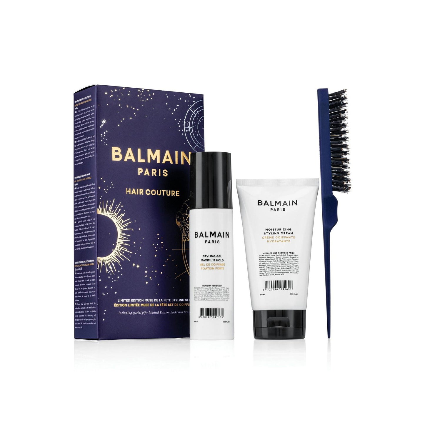 Set Balmain Professionnel: Balmain Professionnel, Panthenol, Hair Styling Gel, For Styling, Strong Hold, 100 ml + Moisturizing, Hair Styling Cream, 150 ml + Backcomb, Hair Brush